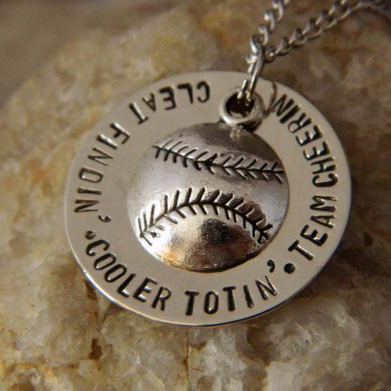 Cleat Findin Cooler Totin Team Cheering Baseball Necklace or Keychain with Silver Baseball